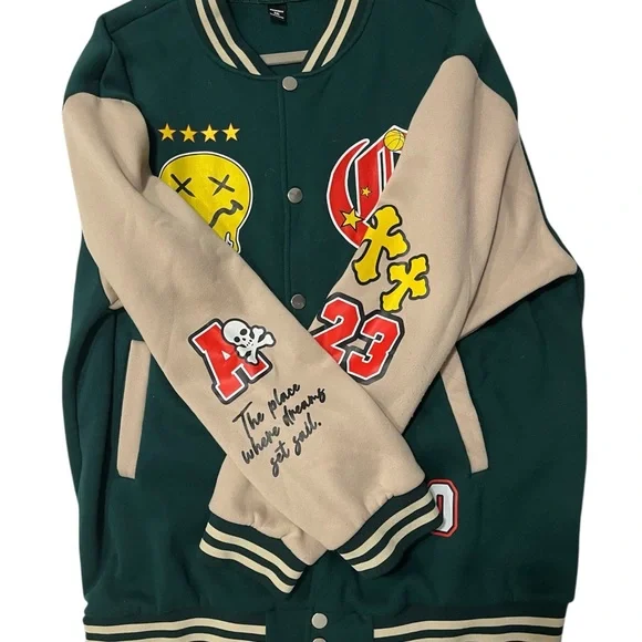 Stylish Men's Varsity Bomber Jacket - Green and Tan - Picture 4 of 8